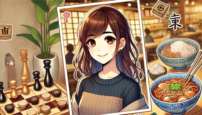 A friendly and vibrant illustration of a young Japanese woman with a cheerful expression, set against a backdrop of ramen bowls, shogi pieces, and a warm, welcoming atmosphere. The woman has medium-length brown hair and is dressed in casual, trendy clothing. The background should be slightly blurred to keep the focus on the character while still providing context, like a cozy café or a warm, inviting indoor setting. The style should be anime-inspired with bright, soft colors, capturing a fun and lively mood.